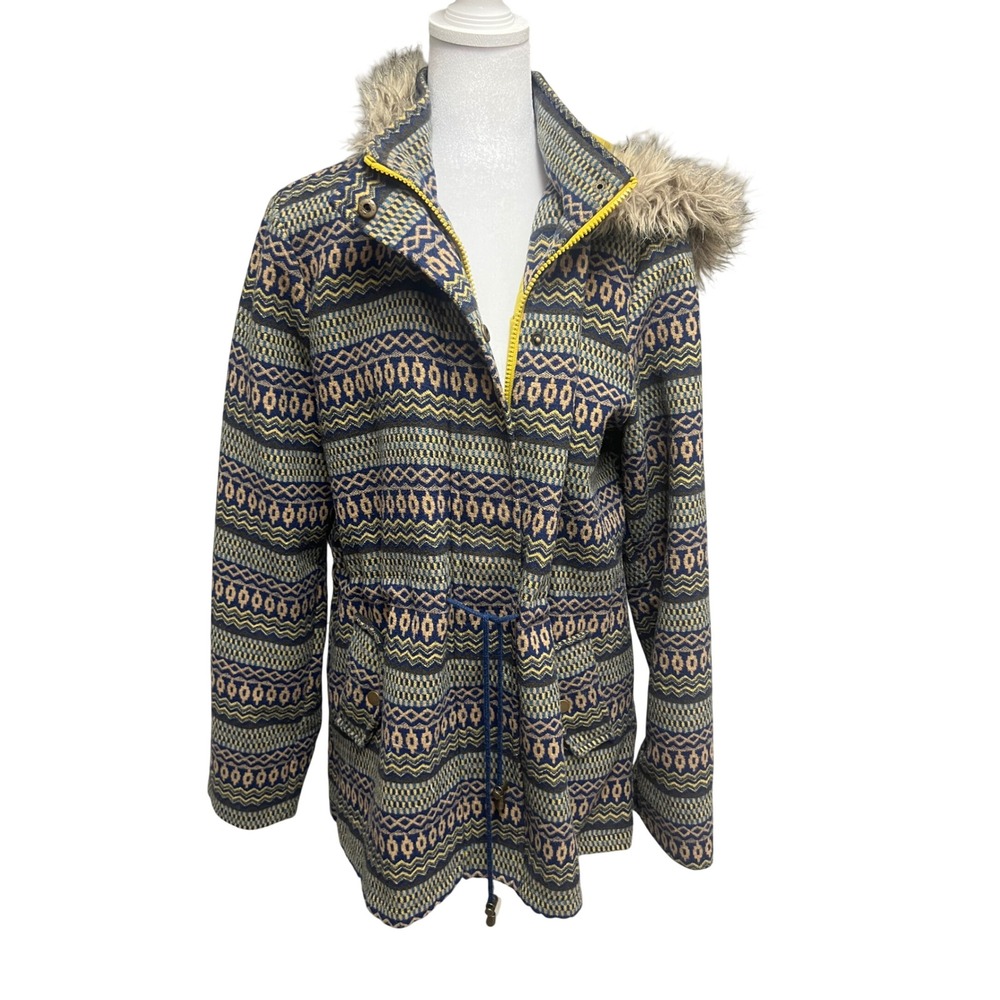 Mossimo Anorak Jacket Womens L Aztec Tribal Faux Fur Hood Blue Yellow Boho Parka
